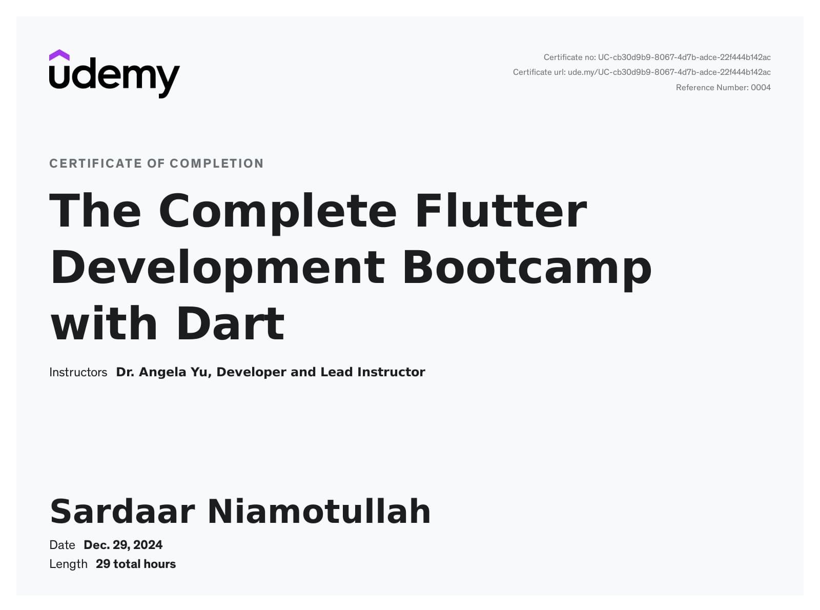 The Complete Flutter Development Bootcamp with Dart certificate