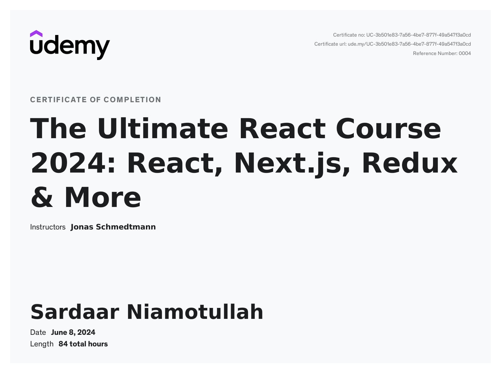 The Ultimate React Course 2025: React, Next.js, Redux & More certificate